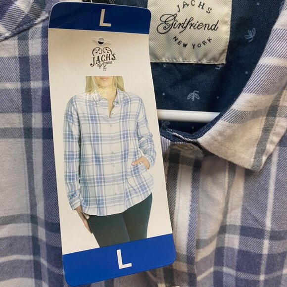 NWT Jach's Girlfriend New York Long Sleeve Button Up Purple White Plaid Shirt, L - Picture 3 of 4